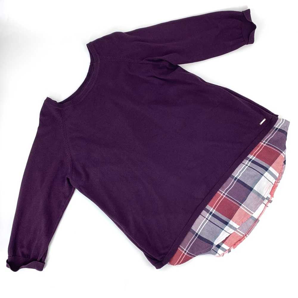 Coupe Collection Purple and Plaid Layered Look 3/4 Sleeve Sweater, Large